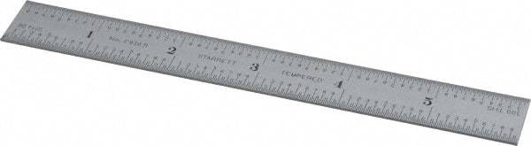 Starrett - 6" Long, 1/100, 1/64, 1/50, 1/32" Graduation, Rigid Spring Steel Rule - 16R Graduation Style, 3/4" Wide, Silver, Satin Chrome Finish - Apex Tool & Supply