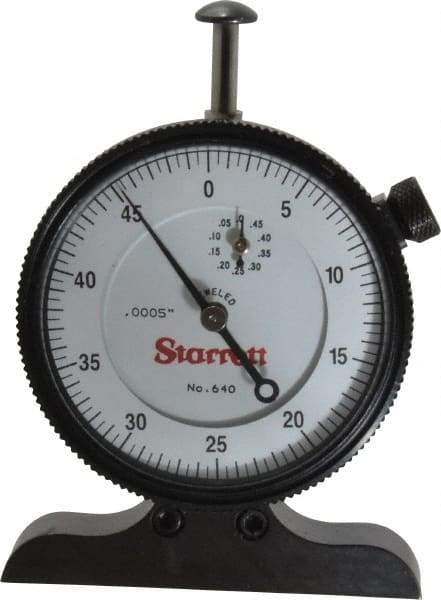 Starrett - 0 to 1/2 Inch Range, White Dial Depth Gage - 0.0005 Inch Graduation, 2-1/2 Inch Base Measuring Length - Apex Tool & Supply