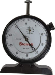 Starrett - 0 to 1/2 Inch Range, White Dial Depth Gage - 0.0005 Inch Graduation, 2-1/2 Inch Base Measuring Length - Apex Tool & Supply