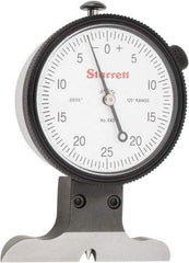 Starrett - 0 to 1/8 Inch Range, Ground Steel, White Dial Depth Gage - 0.0005 Inch Graduation, 0.001 Inch Accuracy, 2-1/2 Inch Base Measuring Length - Apex Tool & Supply