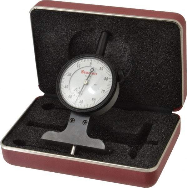 Starrett - 0 to 3 Inch Range, Ground Steel, White Dial Depth Gage - 0.001 Inch Graduation, 2-1/2 Inch Base Measuring Length - Apex Tool & Supply