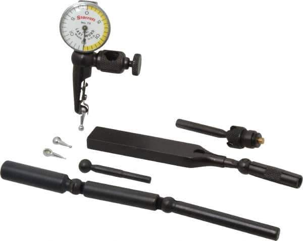 Starrett - 11 Piece, 0" to 0.03" Measuring Range, 15/16" Dial Diam, 0-15-0 Dial Reading, White & Yellow Dial Test Indicator Kit - 5/32" Contact Point Length, 0.9, 1.6 & 3mm Ball Diam, 0.001" Dial Graduation - Apex Tool & Supply