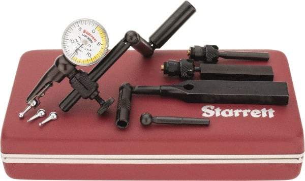 Starrett - 11 Piece, 0" to 0.03" Measuring Range, 15/16" Dial Diam, 0-15-0 Dial Reading, White & Yellow Dial Test Indicator Kit - 5/32" Contact Point Length, 0.9, 1.6 & 3mm Ball Diam, 0.0005" Dial Graduation - Apex Tool & Supply