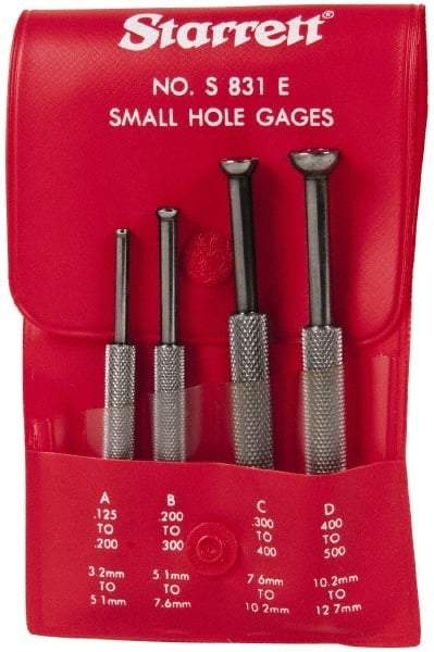 Starrett - 1/8 to 1/2 Inch Measurement, Small Hole Gage Set - 2-13/16, 3-1/8, 3-3/8 and 3-1/2 Inch Long, Half Ball, Includes Case - Apex Tool & Supply