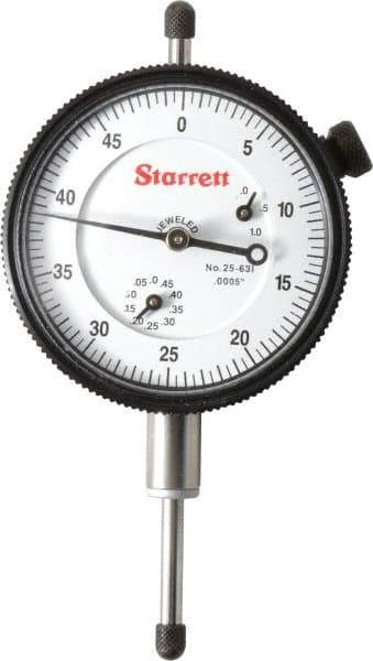 Starrett - 1" Range, 0-50 Dial Reading, 0.0005" Graduation Dial Drop Indicator - 2-1/4" Dial, 0.05" Range per Revolution, Revolution Counter - Apex Tool & Supply
