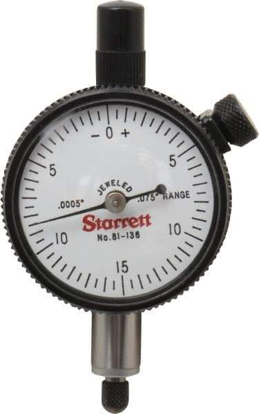 Starrett - 0.075" Range, 0-15-0 Dial Reading, 0.0005" Graduation Dial Drop Indicator - 1-11/16" Dial, 0.03" Range per Revolution, Revolution Counter - Apex Tool & Supply