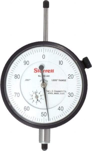 Starrett - 1" Range, 0-100 Dial Reading, 0.001" Graduation Dial Drop Indicator - 2-3/4" Dial, 0.1" Range per Revolution, Revolution Counter - Apex Tool & Supply