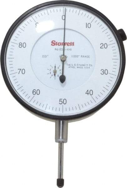 Starrett - 1" Range, 0-100 Dial Reading, 0.001" Graduation Dial Drop Indicator - 3-5/8" Dial, 0.1" Range per Revolution - Apex Tool & Supply