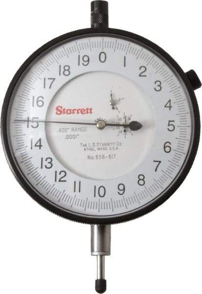 Starrett - 0.4" Range, 0-20 Dial Reading, 0.0001" Graduation Dial Drop Indicator - 3-5/8" Dial, 0.02" Range per Revolution - Apex Tool & Supply