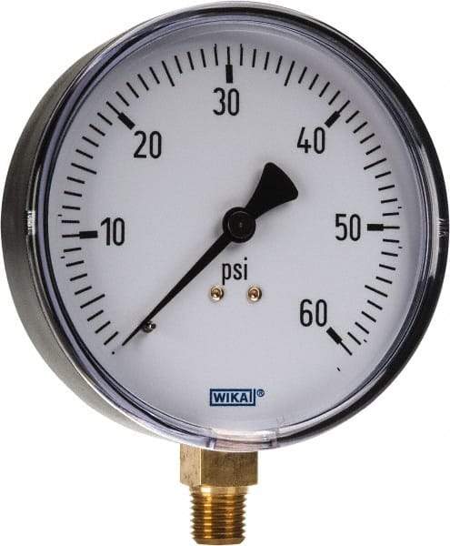 Wika - 4" Dial, 1/4 Thread, 0-60 Scale Range, Pressure Gauge - Lower Connection Mount, Accurate to 3-2-3% of Scale - Apex Tool & Supply