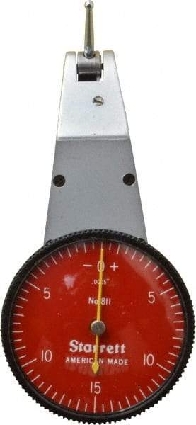 Starrett - 0.03 Inch Range, 0.0005 Inch Dial Graduation, Horizontal Dial Test Indicator - 1-3/8 Inch Red Dial, 0-15-0 Dial Reading - Apex Tool & Supply