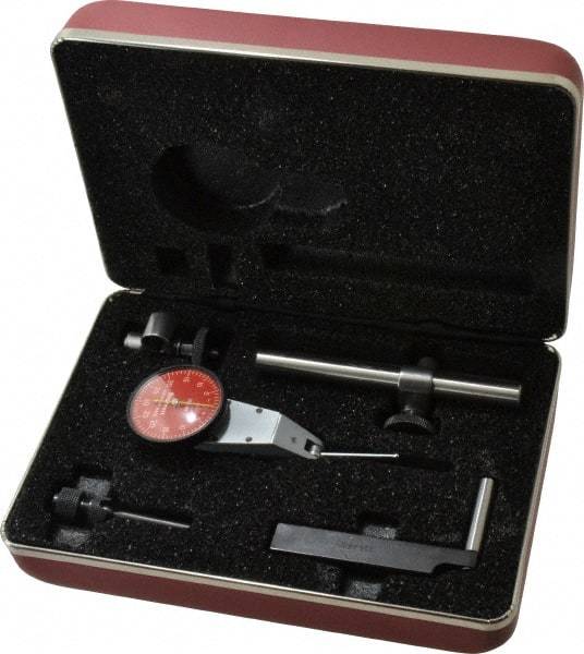 Starrett - 7 Piece, 0" to 0.06" Measuring Range, 1-3/8" Dial Diam, 0-30-0 Dial Reading, Red Dial Test Indicator Kit - 1-5/16" Contact Point Length, 2mm Ball Diam, 0.001" Dial Graduation - Apex Tool & Supply