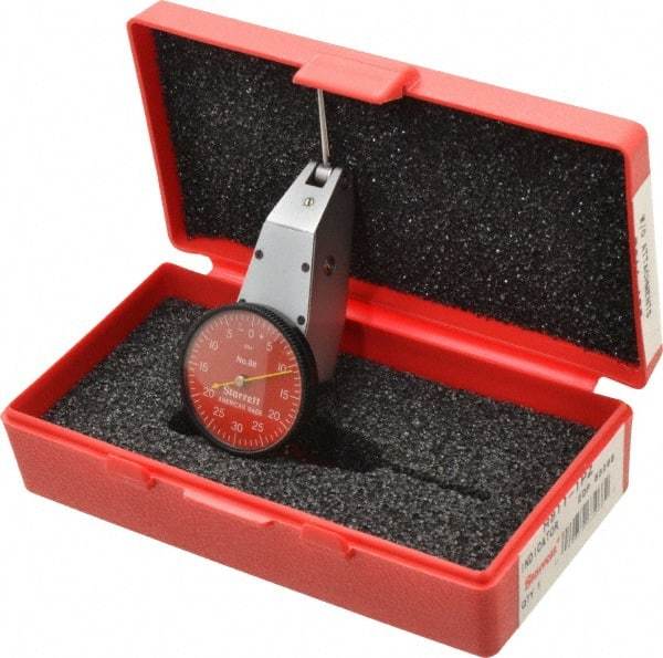 Starrett - 0.06 Inch Range, 0.001 Inch Dial Graduation, Horizontal Dial Test Indicator - 1-3/8 Inch Red Dial, 0-30-0 Dial Reading - Apex Tool & Supply