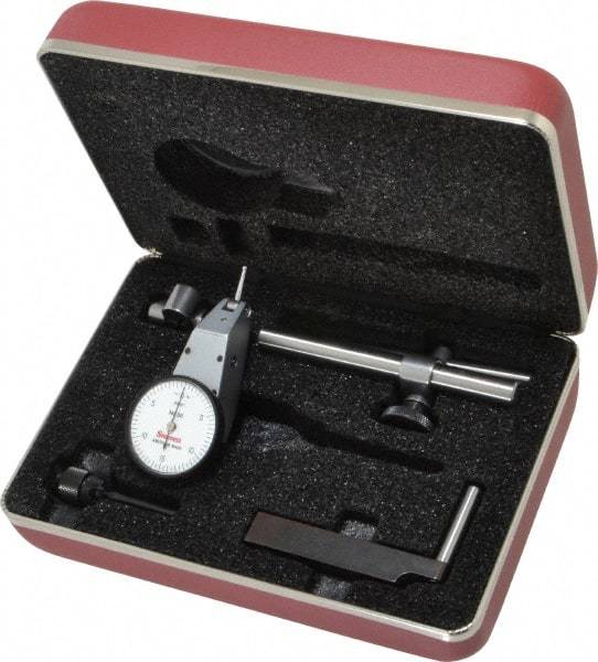 Starrett - 7 Piece, 0" to 0.03" Measuring Range, 1-3/8" Dial Diam, 0-15-0 Dial Reading, White Dial Test Indicator Kit - 5/8" Contact Point Length, 2mm Ball Diam, 0.0005" Dial Graduation - Apex Tool & Supply