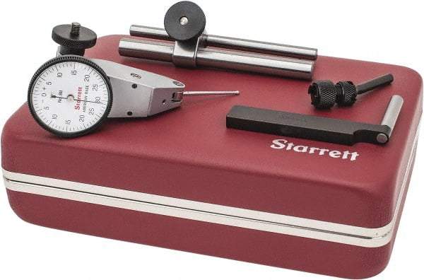 Starrett - 7 Piece, 0" to 0.06" Measuring Range, 1-3/8" Dial Diam, 0-30-0 Dial Reading, White Dial Test Indicator Kit - 1-5/16" Contact Point Length, 2mm Ball Diam, 0.001" Dial Graduation - Apex Tool & Supply