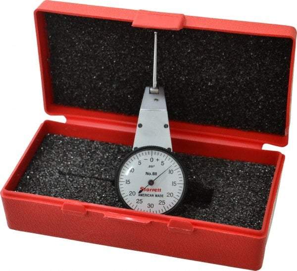 Starrett - 0.06 Inch Range, 0.001 Inch Dial Graduation, Horizontal Dial Test Indicator - 1-3/8 Inch White Dial, 0-30-0 Dial Reading - Apex Tool & Supply