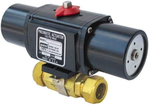 Gemini Valve - 3/8" Pipe, 1,000 psi WOG Rating Brass Pneumatic Spring Return with Solenoid Actuated Ball Valve - Reinforced PTFE Seal, Full Port, TYLOK (Compression) End Connection - Apex Tool & Supply