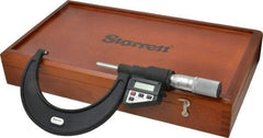 Starrett - 3 to 4" Range, 0.0001" Resolution, Standard Throat, Electronic Outside Micrometer - 0.0002" Accuracy, Friction Thimble, Micro Lapped Carbide Face, CR2450 Battery, Data Output, Includes 3V Battery - Apex Tool & Supply