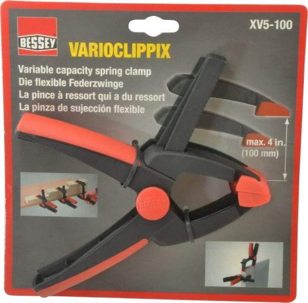 Bessey - 4" Jaw Opening Capacity, 2" Throat Depth, Single Variable Jaw, Spring Clamp - Plastic Body, Plastic Handle, Plastic Tip, 6-1/2" OAL - Apex Tool & Supply