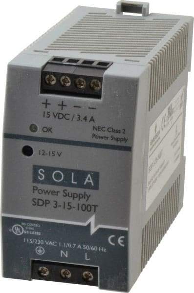 Sola/Hevi-Duty - 100 Watt, 4.2 to 3.4 Amp, 264 VAC, 375 VDC Input, 12 to 15 VDC Output, DIN Rail Power Supply - Screw Terminal Connection, 1 Output, 1.77 Inch Wide x 3.58 Inch Deep x 2.95 Inch High, Up to 86% Efficiency, 14 to 140°F, Green LED Display - Apex Tool & Supply