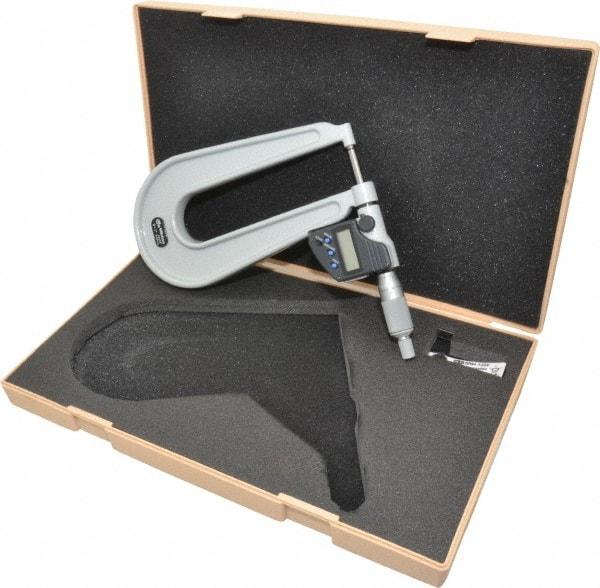 Mitutoyo - 0 to 1 Inch Range, 0.0001 Inch Resolution, Deep Throat, IP65 Electronic Outside Micrometer - 0.0002 Inch Accuracy, 6.3 Inch Throat, Ratchet Stop Thimble, Carbide Face, SR44 Battery, Data Output, Includes Plastic Case - Apex Tool & Supply