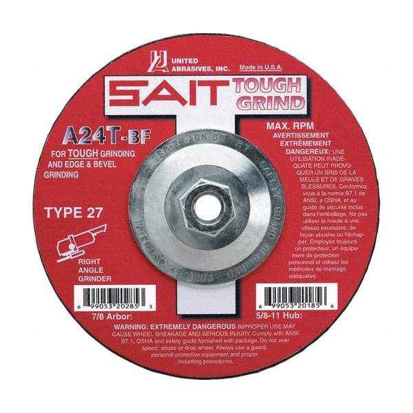 Sait - 24 Grit, 9" Wheel Diam, 1/4" Wheel Thickness, Type 27 Depressed Center Wheel - Aluminum Oxide, Resinoid Bond, T Hardness, 6,600 Max RPM, Compatible with Angle Grinder - Apex Tool & Supply