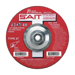 Sait - 24 Grit, 4-1/2" Wheel Diam, 1/4" Wheel Thickness, Type 27 Depressed Center Wheel - Aluminum Oxide, Resinoid Bond, T Hardness, 13,300 Max RPM, Compatible with Angle Grinder - Apex Tool & Supply