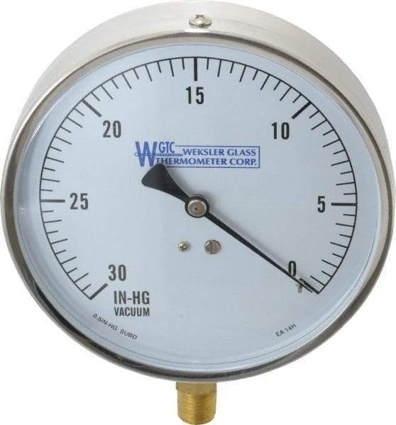 WGTC - 4-1/2" Dial, 1/4 Thread, 30-0 Scale Range, Pressure Gauge - Lower Connection Mount, Accurate to 1% of Scale - Apex Tool & Supply