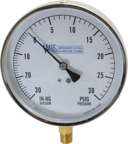 WGTC - 4-1/2" Dial, 1/4 Thread, 30-0-30 Scale Range, Pressure Gauge - Lower Connection Mount, Accurate to 1% of Scale - Apex Tool & Supply