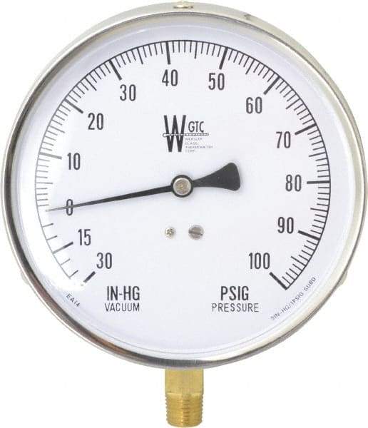 WGTC - 4-1/2" Dial, 1/4 Thread, 30-0-100 Scale Range, Pressure Gauge - Lower Connection Mount, Accurate to 1% of Scale - Apex Tool & Supply