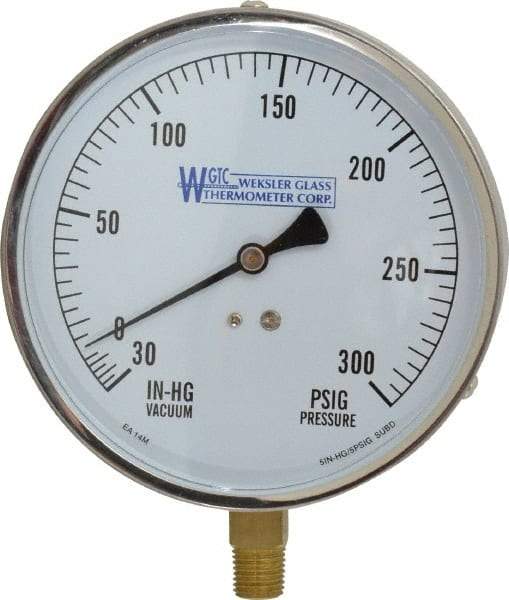 WGTC - 4-1/2" Dial, 1/4 Thread, 30-0-300 Scale Range, Pressure Gauge - Lower Connection Mount, Accurate to 1% of Scale - Apex Tool & Supply