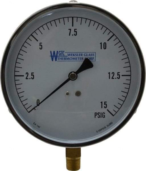 WGTC - 4-1/2" Dial, 1/4 Thread, 0-15 Scale Range, Pressure Gauge - Lower Connection Mount, Accurate to 1% of Scale - Apex Tool & Supply