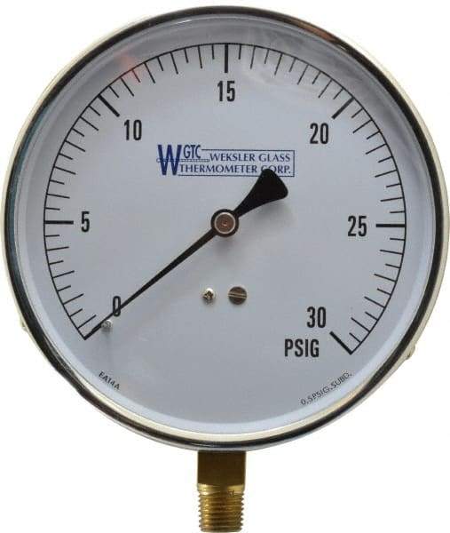 WGTC - 4-1/2" Dial, 1/4 Thread, 0-30 Scale Range, Pressure Gauge - Lower Connection Mount, Accurate to 1% of Scale - Apex Tool & Supply