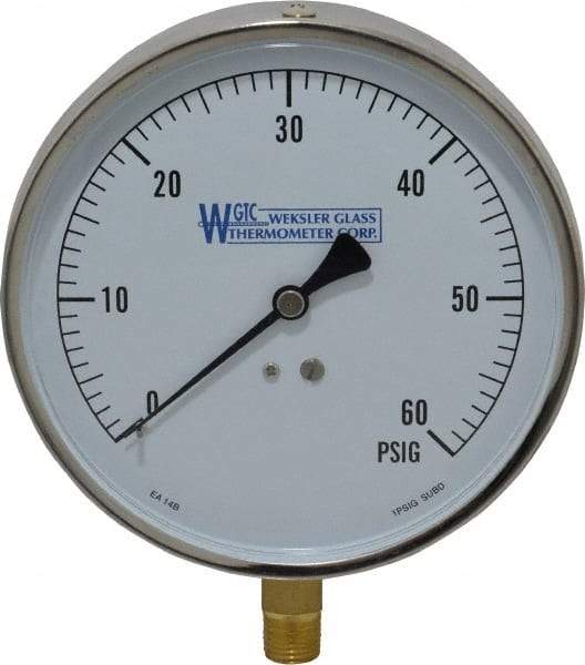 WGTC - 4-1/2" Dial, 1/4 Thread, 0-60 Scale Range, Pressure Gauge - Lower Connection Mount, Accurate to 1% of Scale - Apex Tool & Supply