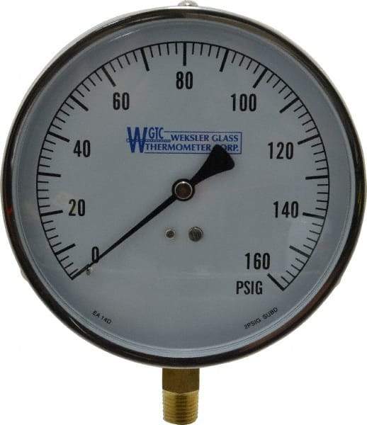 WGTC - 4-1/2" Dial, 1/4 Thread, 0-160 Scale Range, Pressure Gauge - Lower Connection Mount, Accurate to 1% of Scale - Apex Tool & Supply