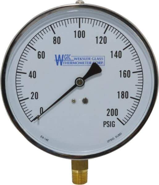 WGTC - 4-1/2" Dial, 1/4 Thread, 0-200 Scale Range, Pressure Gauge - Lower Connection Mount, Accurate to 1% of Scale - Apex Tool & Supply