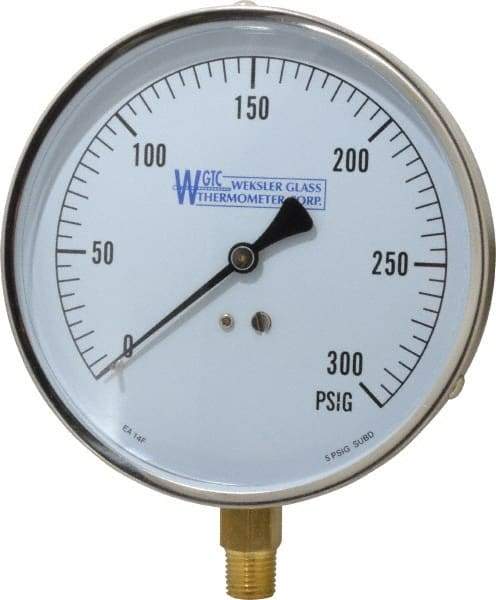 WGTC - 4-1/2" Dial, 1/4 Thread, 0-300 Scale Range, Pressure Gauge - Lower Connection Mount, Accurate to 1% of Scale - Apex Tool & Supply