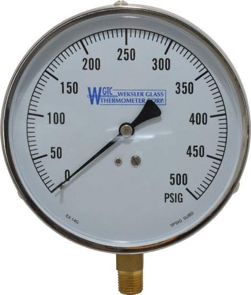 WGTC - 4-1/2" Dial, 1/4 Thread, 0-500 Scale Range, Pressure Gauge - Lower Connection Mount, Accurate to 1% of Scale - Apex Tool & Supply