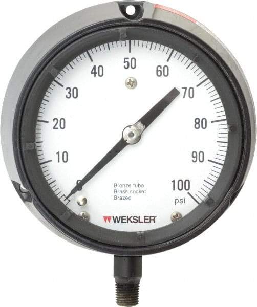 Made in USA - 4-1/2" Dial, 1/4 Thread, 0-100 Scale Range, Pressure Gauge - Lower Connection Mount, Accurate to 1% of Scale - Apex Tool & Supply