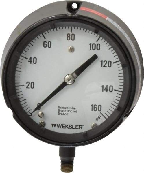 Made in USA - 4-1/2" Dial, 1/4 Thread, 0-160 Scale Range, Pressure Gauge - Lower Connection Mount, Accurate to 1% of Scale - Apex Tool & Supply