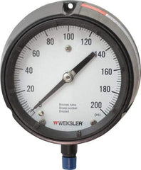 Made in USA - 4-1/2" Dial, 1/4 Thread, 0-200 Scale Range, Pressure Gauge - Lower Connection Mount, Accurate to 1% of Scale - Apex Tool & Supply