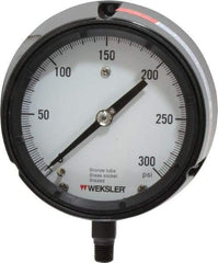 Made in USA - 4-1/2" Dial, 1/4 Thread, 0-300 Scale Range, Pressure Gauge - Lower Connection Mount, Accurate to 1% of Scale - Apex Tool & Supply
