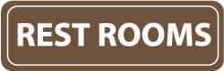 NMC - Rest Rooms, 11" Wide x 3.5" High, Acrylic Sign - English, White on Brown, Wall Mount - Apex Tool & Supply
