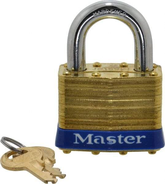 Master Lock - 1" Shackle Clearance, Keyed Alike Laminated Brass Padlock - 3/8" Shackle Diam, Brass - Apex Tool & Supply
