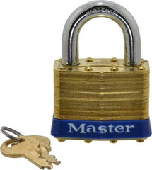 Master Lock - 1" Shackle Clearance, Keyed Alike Laminated Brass Padlock - 3/8" Shackle Diam, Brass - Apex Tool & Supply