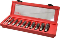 Milwaukee Tool - 9 Piece, 1/2 to 15/16" Cutter Diam, 2" Cutting Depth, Steel Annular Cutter Set - Bright Finish, 3/4" Shank Diam, 1/2", 9/16", 5/8", 11/16", 3/4", 13/16", 7/8", 15/16", 1-1/16" Cutter Diams, 2 Flats on Shank - Apex Tool & Supply