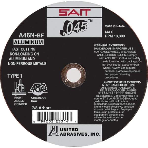 Sait - 4-1/2" 46 Grit Aluminum Oxide Cutoff Wheel - 0.045" Thick, 7/8" Arbor, 13,300 Max RPM, Use with Angle Grinders - Apex Tool & Supply