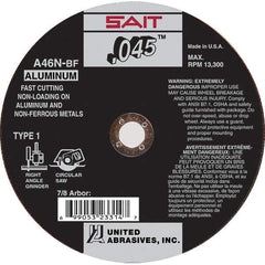 Sait - 4-1/2" 46 Grit Aluminum Oxide Cutoff Wheel - 0.045" Thick, 7/8" Arbor, 13,300 Max RPM, Use with Angle Grinders - Apex Tool & Supply