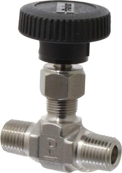 Parker - 5,000 Max psi, 1/4" Pipe, 316 Grade Stainless Steel, Inline Instrumentation Needle Valve - MNPT x MNPT End Connections - Apex Tool & Supply