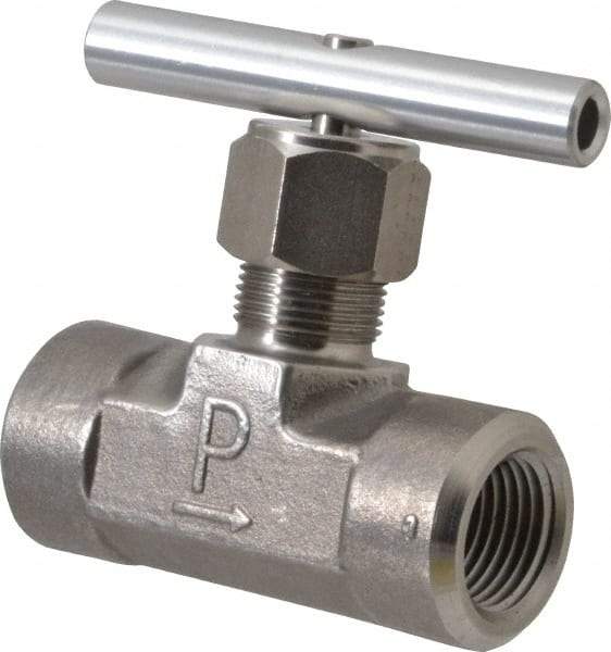 Parker - 5,000 Max psi, 1/2" Pipe, 316 Grade Stainless Steel, Inline Instrumentation Needle Valve - FNPT x FNPT End Connections - Apex Tool & Supply
